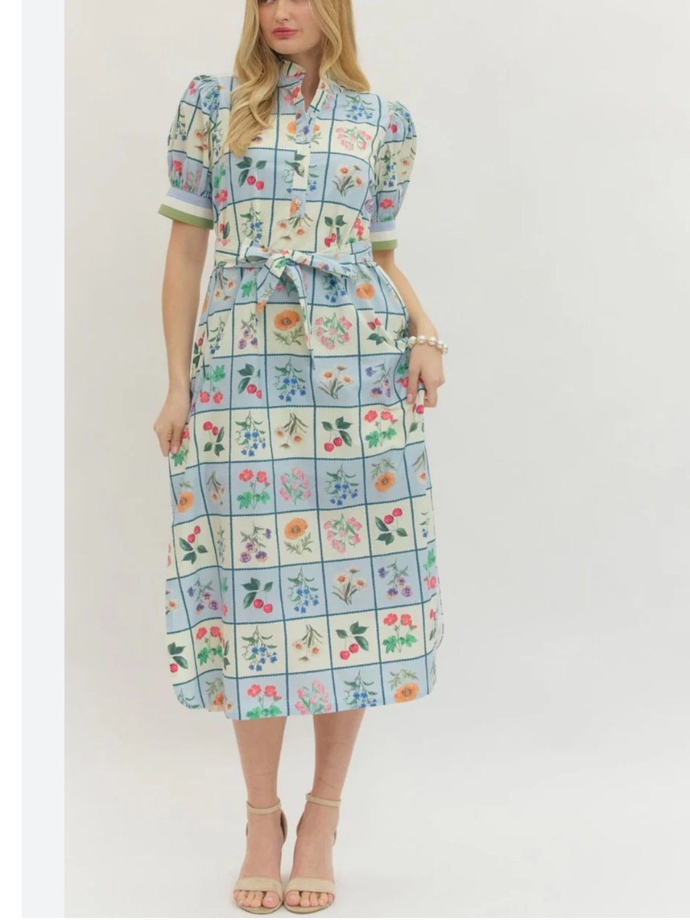 entro Light Blue Floral Grid Midi Dress - Picture 2 of 7